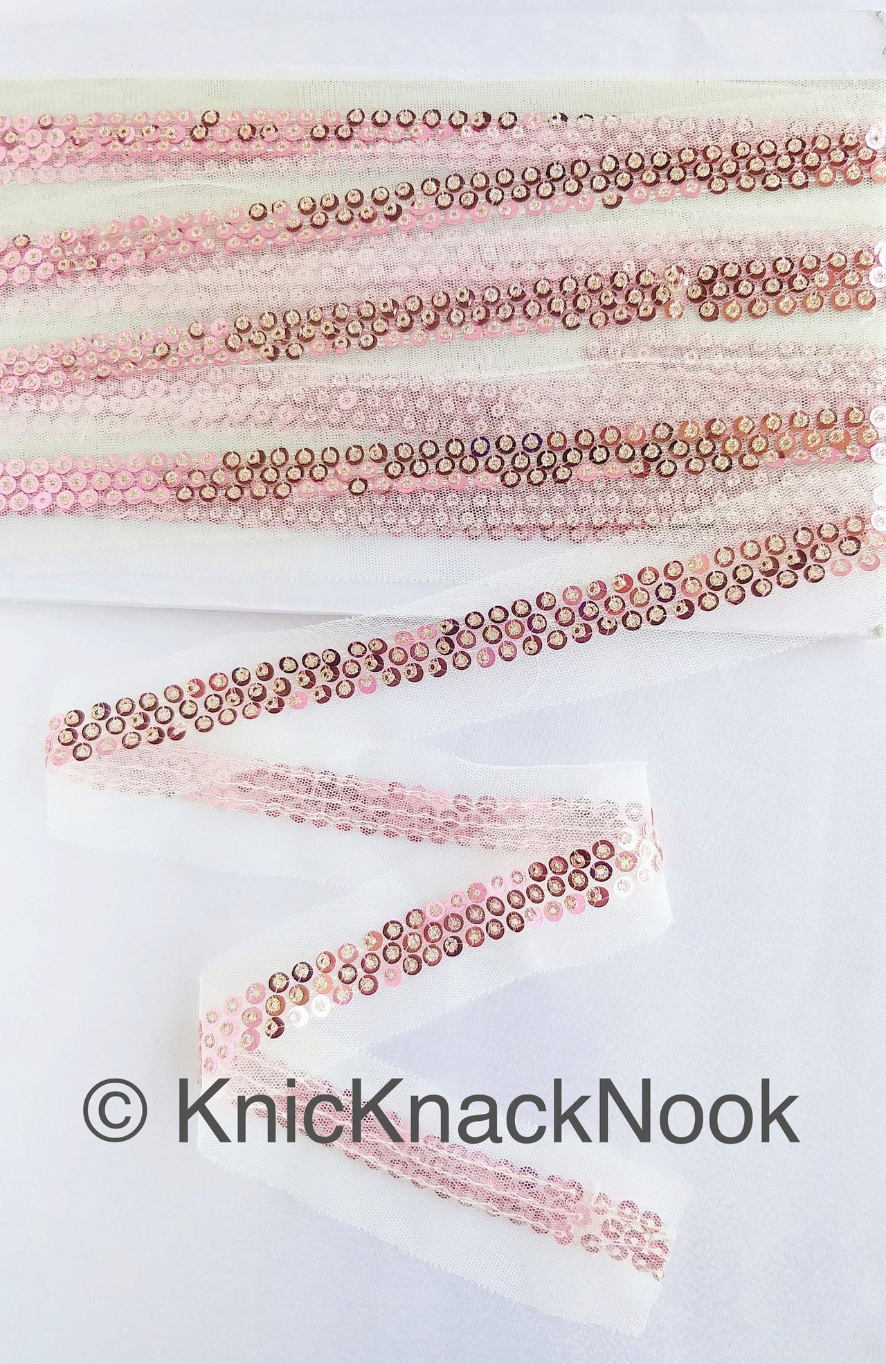 White Net Lace With Pink and Gold Sequins Lace Trim, Approx. 34mm Wide, Sequin Lace