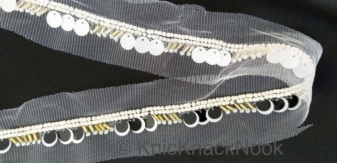 White Net Lace With Black & White Sequins and Beads, Exclusive Laces, Sequinned Trimming