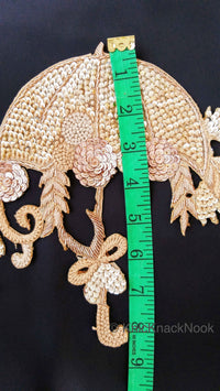 Thumbnail for Hand Embroidered Umbrella Applique With Zardozi And Gold Sequins Embroidery, Appliqué Patch, Tan Brown Indian Motif