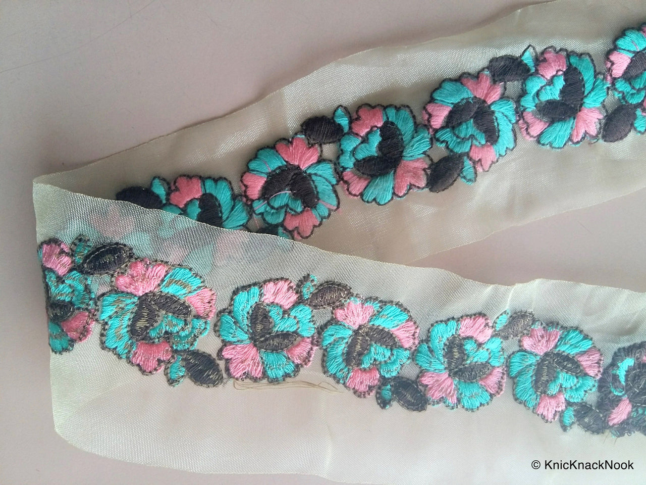 Wholesale Sheer Gold Fabric Trim With Blue And Pink Floral Thread Embroidery 9 Yard Lace, Embroidered Trim, 