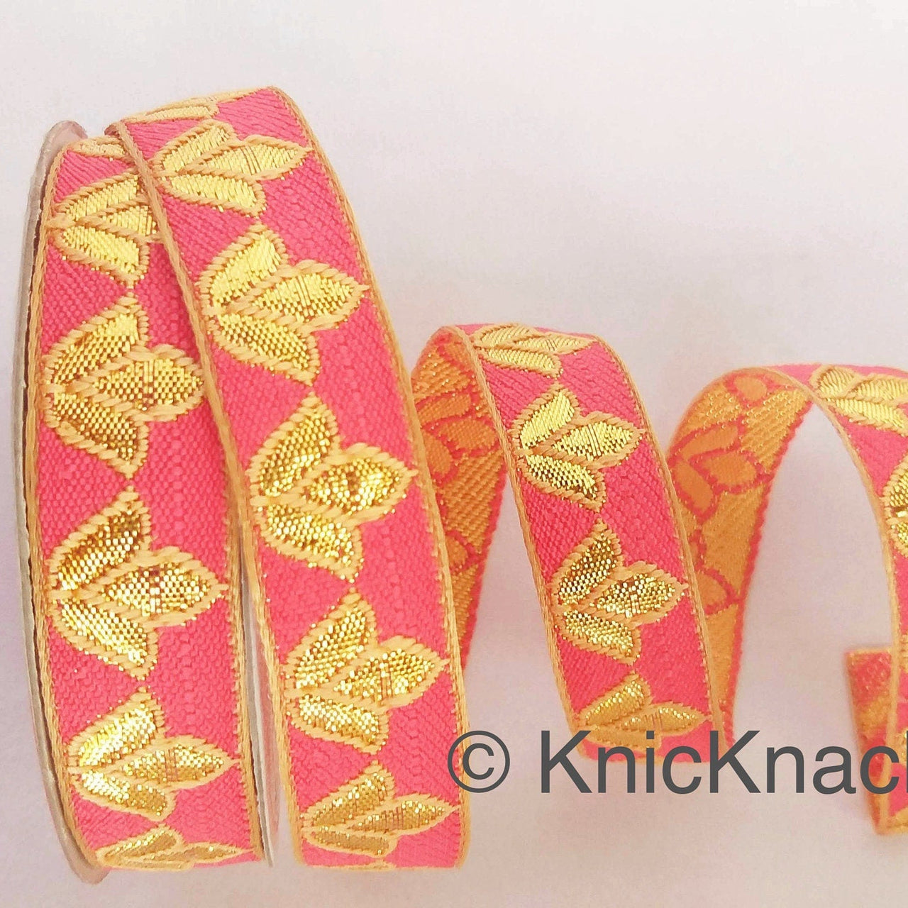 Salmon Pink and Gold Floral Jacquard Trim, Trim By 4 Yards, Craft Decorative Ribbon