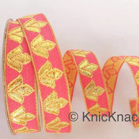 Thumbnail for Salmon Pink and Gold Floral Jacquard Trim, Trim By 4 Yards, Craft Decorative Ribbon