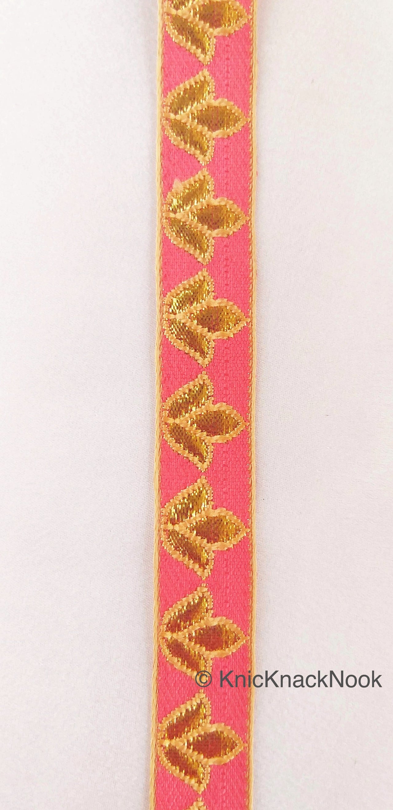 Salmon Pink and Gold Floral Jacquard Trim, Trim By 4 Yards, Craft Decorative Ribbon