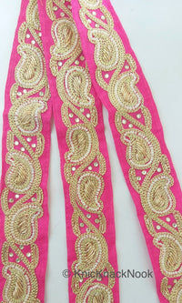 Thumbnail for Pink Lace Trim With Floral Zardozi Hand Embroidery And White Beads & Indian Stones Kundan Embellishment, Approx. 40mm, Decorative Trim