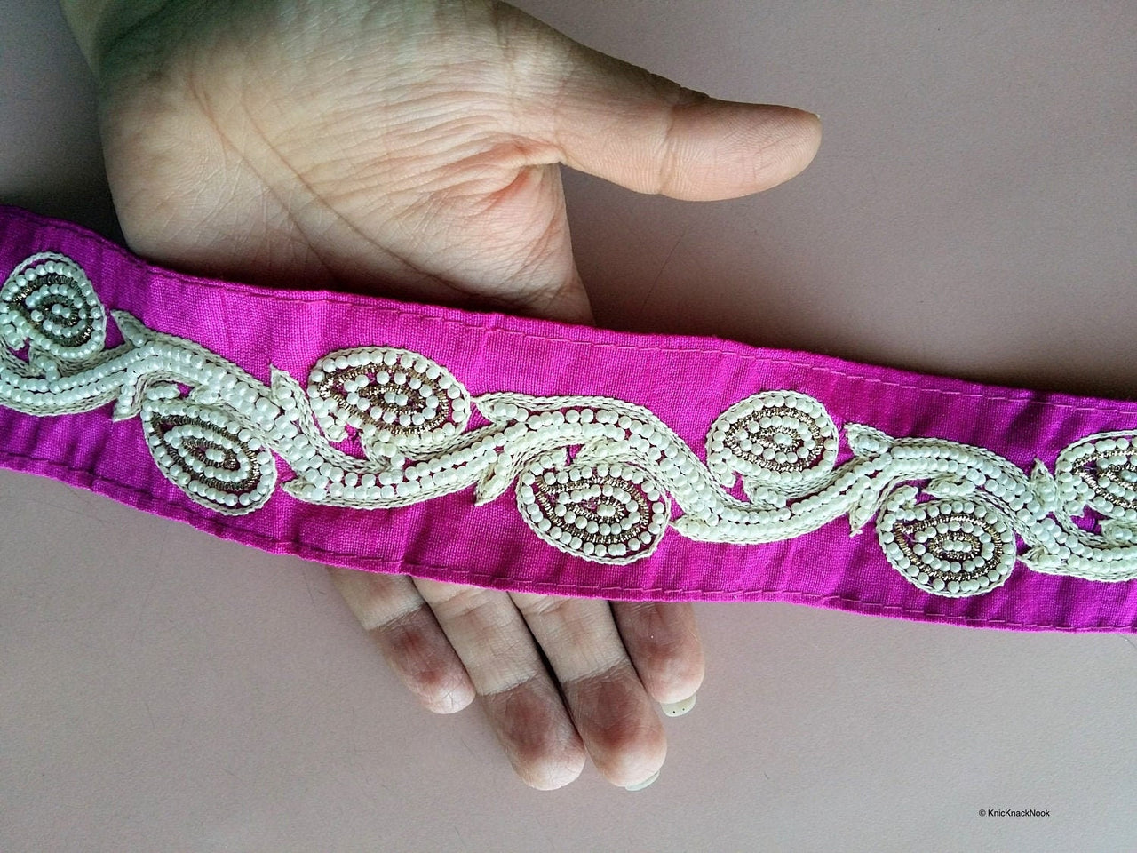 Wholesale Fuchsia Pink Trim With White Pearl Beads And Beige And Gold Embroidery Fashion Trim Costume Trim Decorative Trim By 8 Yards