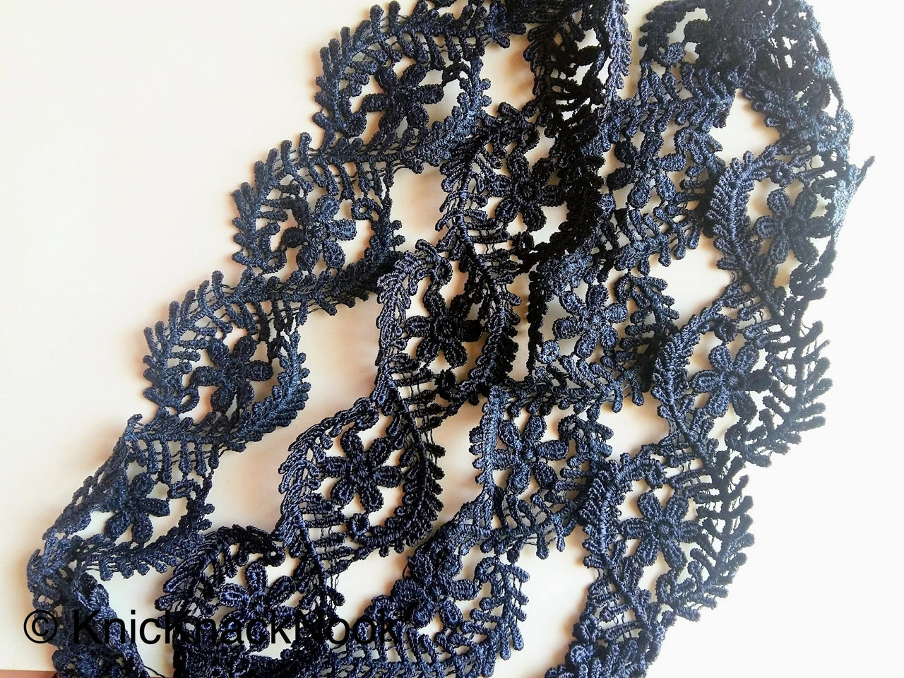 Wholesale Blue Floral Embroidery Crochet (Cotton) Nine Yard Lace Trim, Approx. 55mm Wide, Navy Blue Venise Decorative Trim