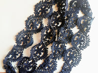 Thumbnail for Wholesale Blue Floral Embroidery Crochet (Cotton) Nine Yard Lace Trim, Approx. 55mm Wide, Navy Blue Venise Decorative Trim