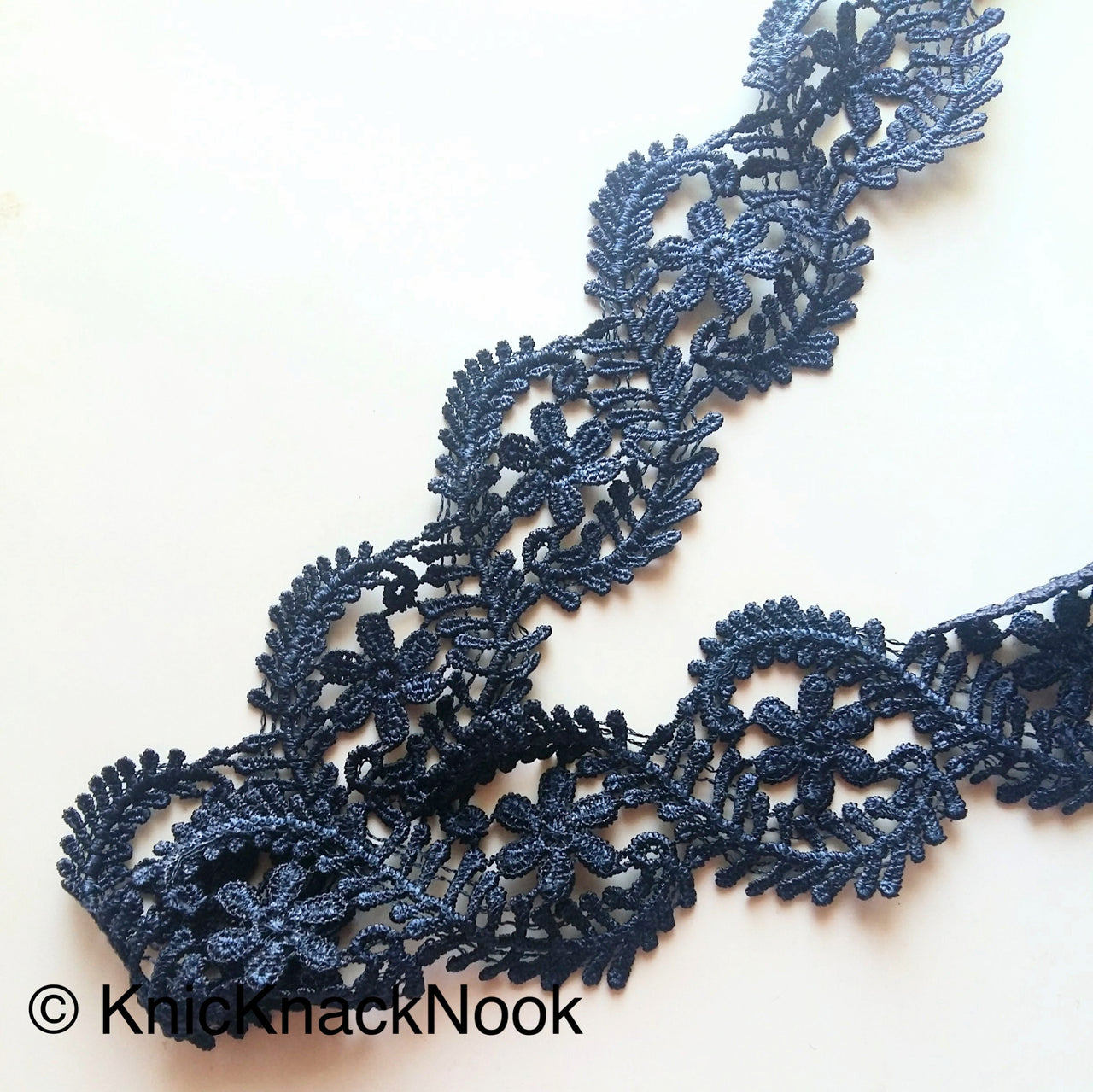 Wholesale Blue Floral Embroidery Crochet (Cotton) Nine Yard Lace Trim, Approx. 55mm Wide, Navy Blue Venise Decorative Trim