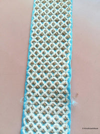 Thumbnail for Wholesale Blue Fabric Trim With Off White And Gold Embroidery, Trim By 9 Yards, Decorative Trim