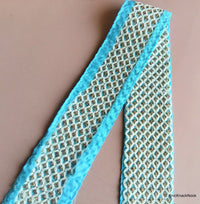 Thumbnail for Wholesale Blue Fabric Trim With Off White And Gold Embroidery, Trim By 9 Yards, Decorative Trim