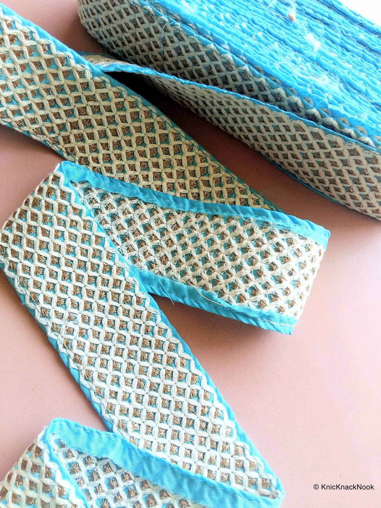 Wholesale Blue Fabric Trim With Off White And Gold Embroidery, Trim By 9 Yards, Decorative Trim