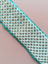 Thumbnail for Wholesale Green Fabric Trim With Off White And Gold Embroidery, Trim By 9 Yards, Decorative Trim