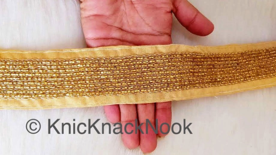 Wholesale Beige Art Silk Fabric Trim With Gold Bugle Beads Embellishments And Gold Embroidery, Beaded Trim, 