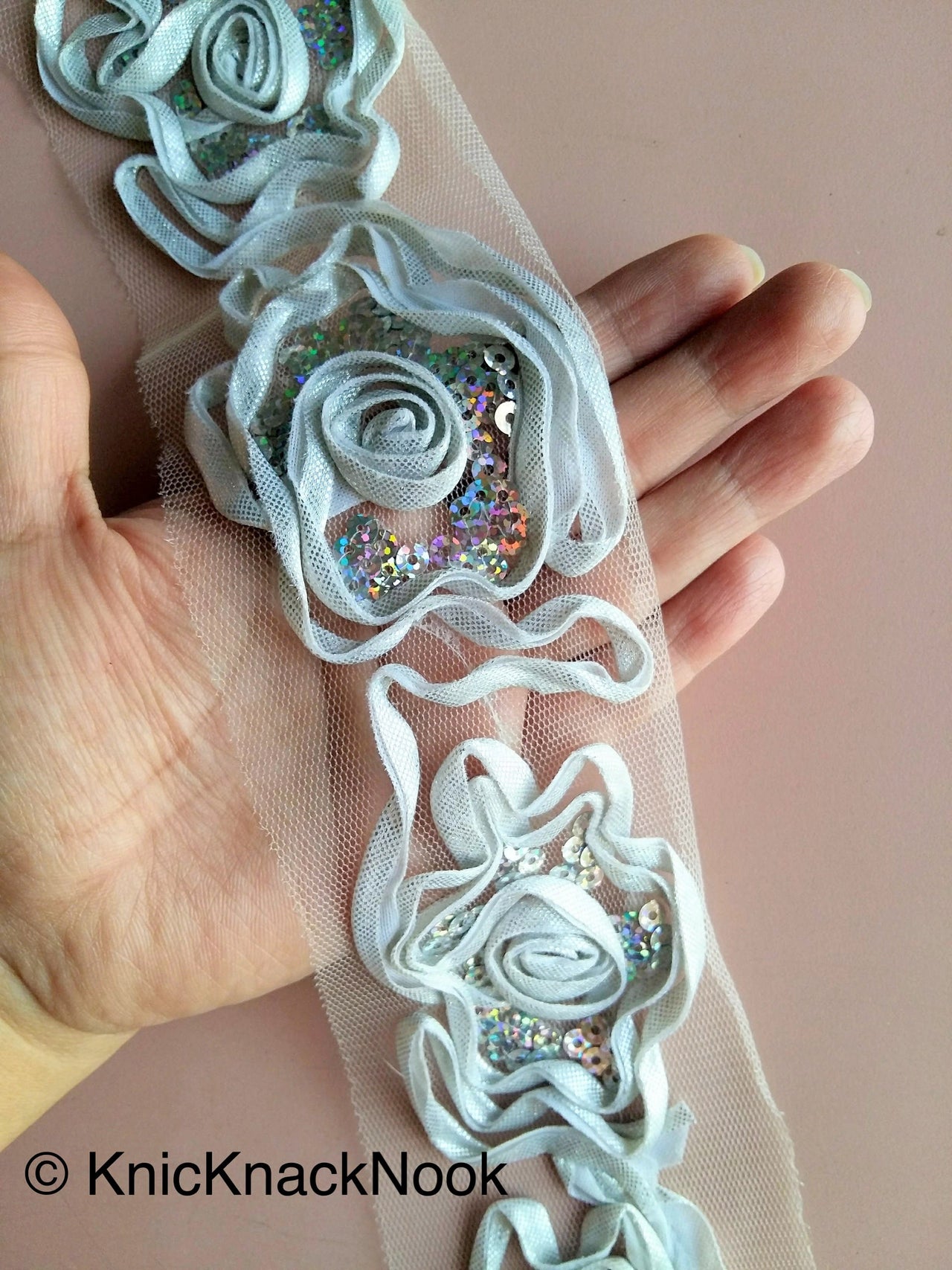 Wholesale Silver Rose Lace Trim With Silver Sequins, Approx. 65mm Wide Crating Decorative Costume Design Trim by 8 Yards