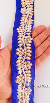 Thumbnail for Royal Blue Silk Lace Trim With Floral Hand Embroidery And White Beads, Approx. 38mm, Decorative Trim Costume Trim Indian Border