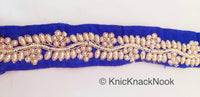 Thumbnail for Royal Blue Silk Lace Trim With Floral Hand Embroidery And White Beads, Approx. 38mm, Decorative Trim Costume Trim Indian Border