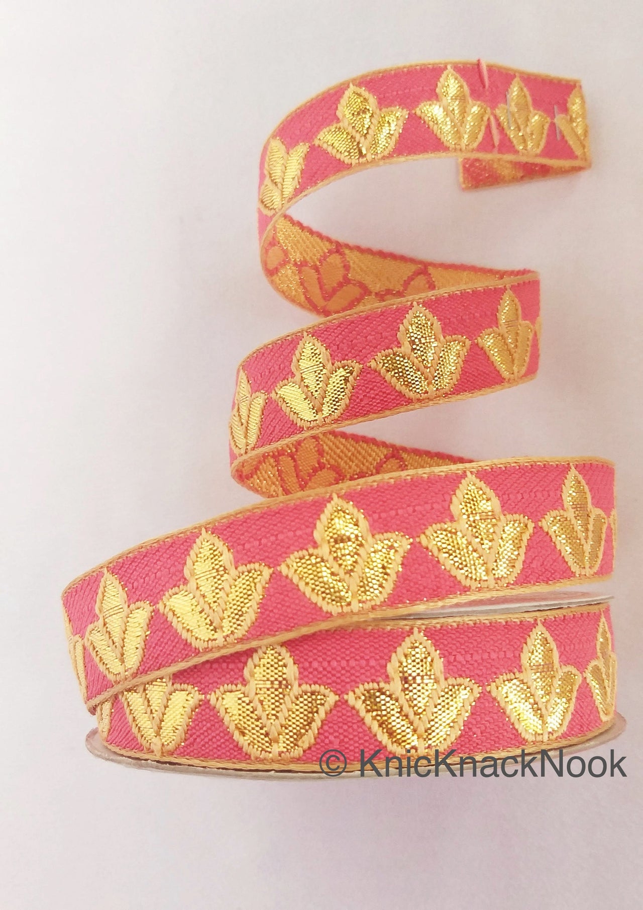 Salmon Pink and Gold Floral Jacquard Trim, Trim By 4 Yards, Craft Decorative Ribbon