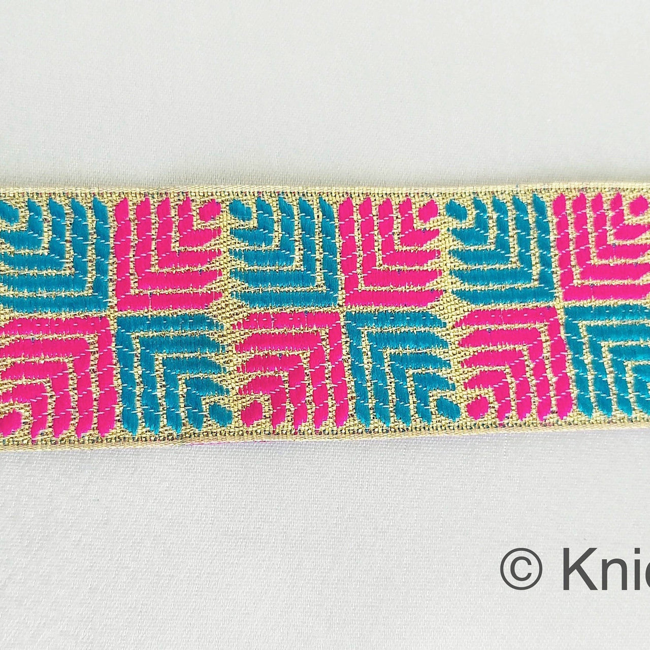 Pink And Blue Jacquard Trim, Approx 34mm Wide, Decorative Trim