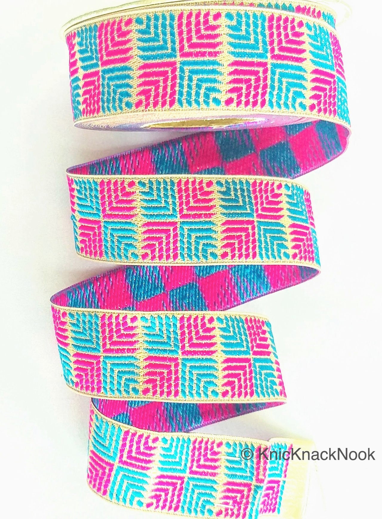 Pink And Blue Jacquard Trim, Approx 34mm Wide, Decorative Trim