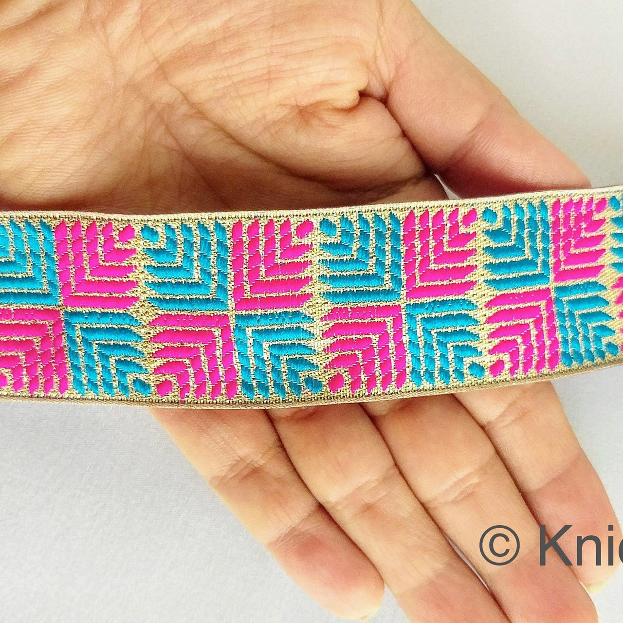 Pink And Blue Jacquard Trim, Approx 34mm Wide, Decorative Trim