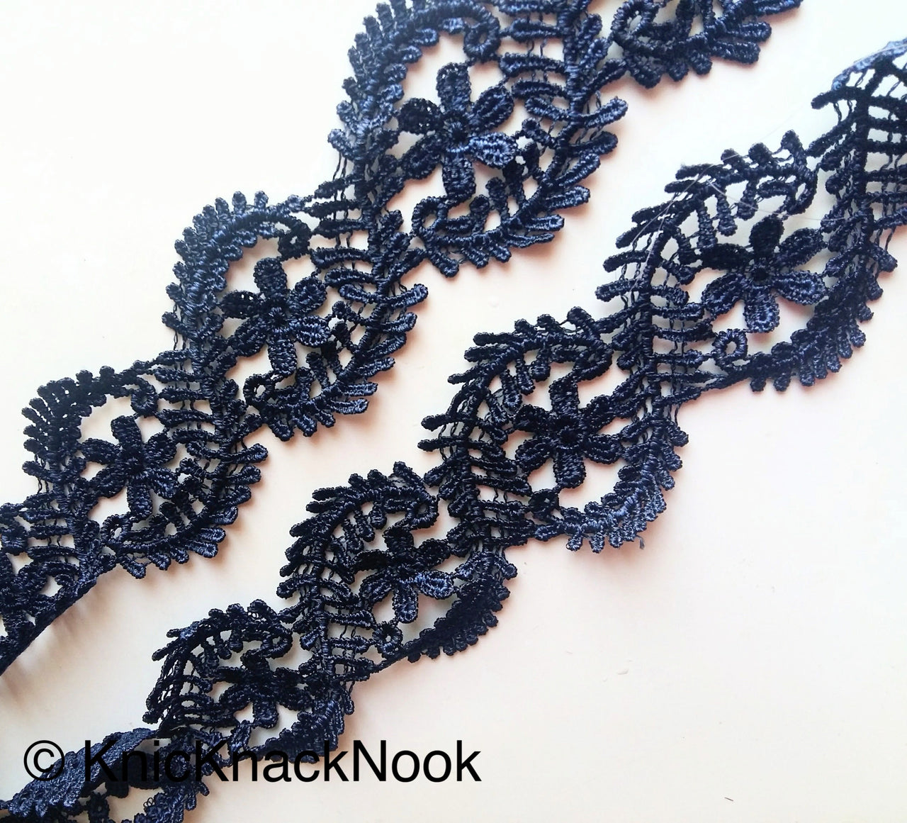 Wholesale Blue Floral Embroidery Crochet (Cotton) Nine Yard Lace Trim, Approx. 55mm Wide, Navy Blue Venise Decorative Trim