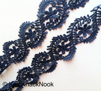 Thumbnail for Wholesale Blue Floral Embroidery Crochet (Cotton) Nine Yard Lace Trim, Approx. 55mm Wide, Navy Blue Venise Decorative Trim