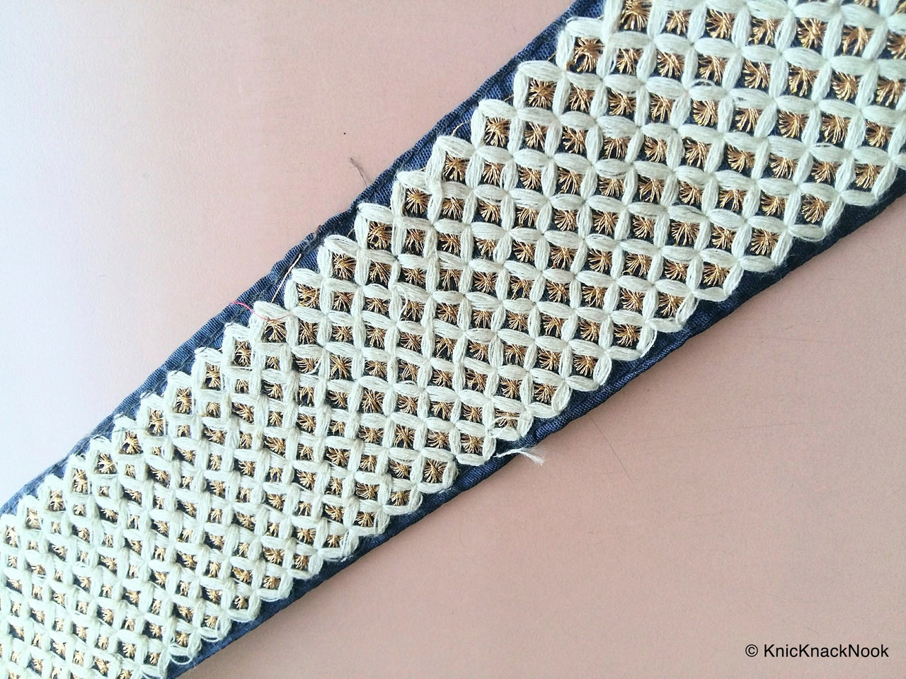 Wholesale Dark Blue Fabric Trim With Off White And Gold Embroidery, Trim By 9 Yards, Decorative Trim