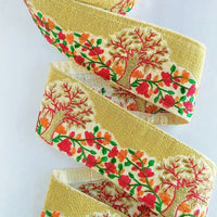 Thumbnail for Beige Fabric Trim With Intricate Floral And Trees Embroidery In Gold, Red, Green And Orange Thread