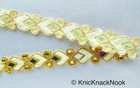 Thumbnail for Off White And Gold Thread Lace Trim With Beads And Mirrors Embellishments Approx. 22mm, Decorative Fashion Trim Sari Border Trim by 9 Yards