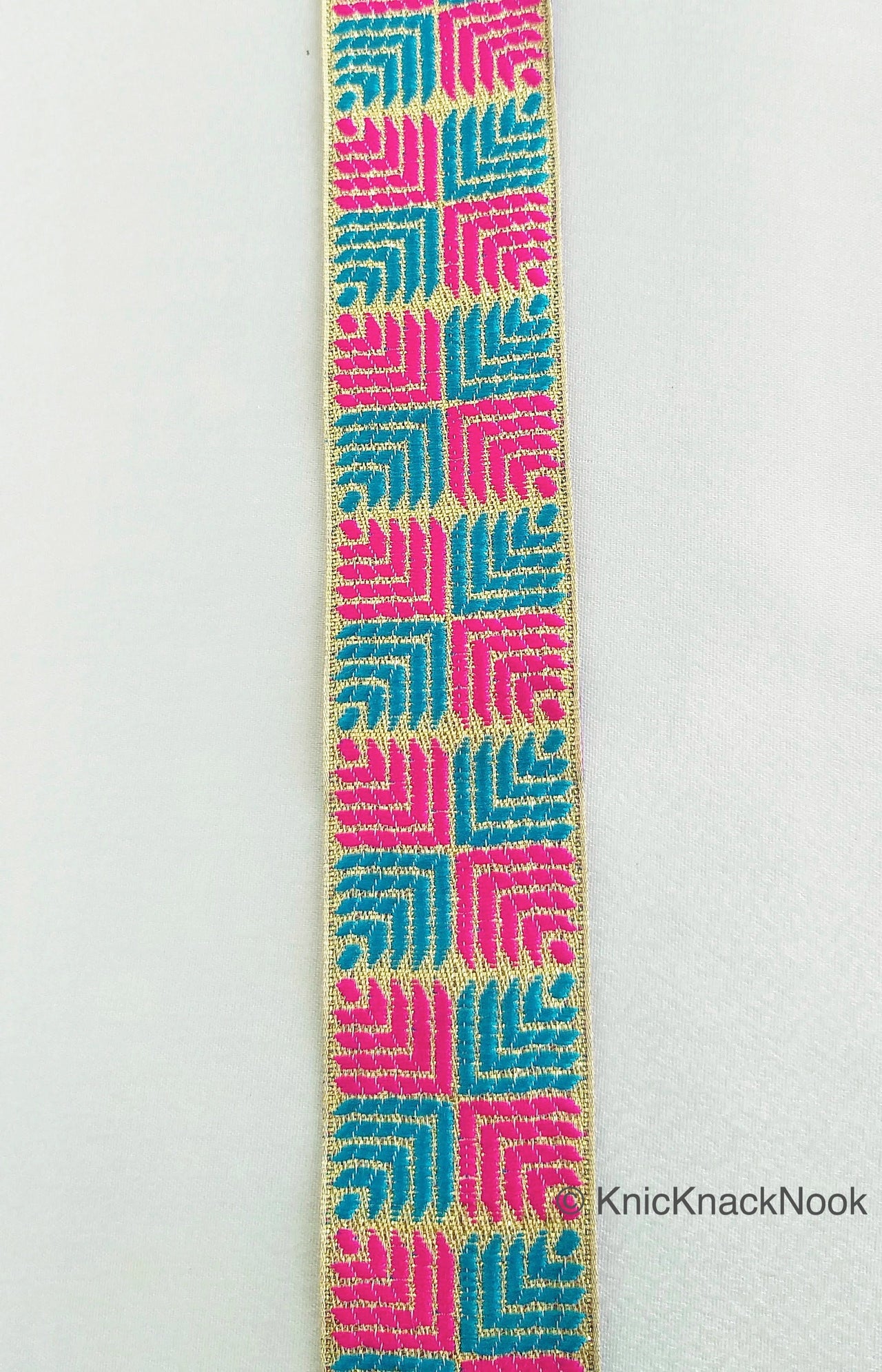 Pink And Blue Jacquard Trim, Approx 34mm Wide, Decorative Trim