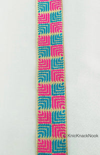 Thumbnail for Pink And Blue Jacquard Trim, Approx 34mm Wide, Decorative Trim