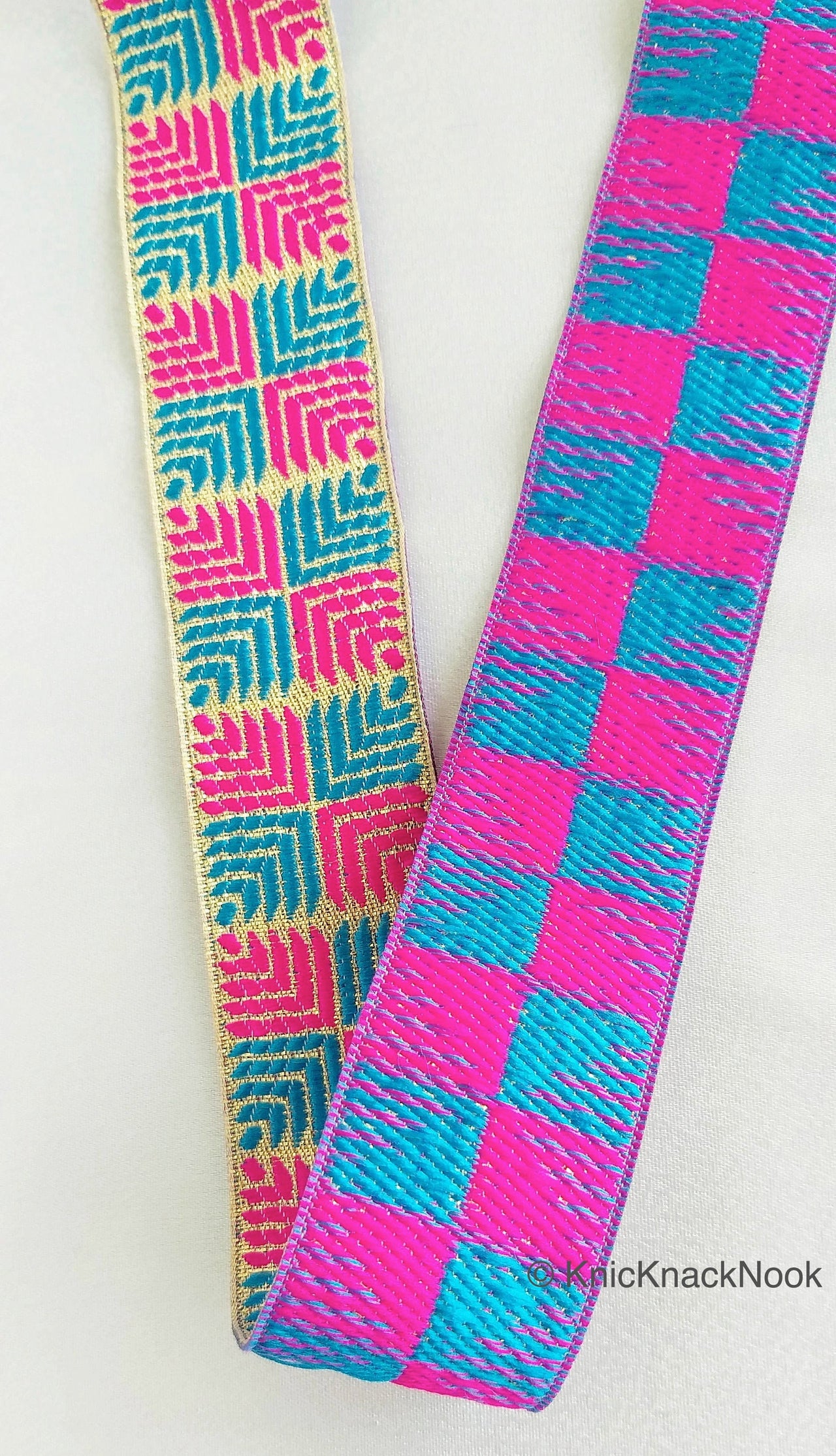 Pink And Blue Jacquard Trim, Approx 34mm Wide, Decorative Trim