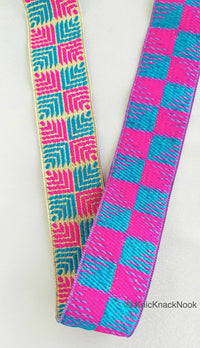 Thumbnail for Pink And Blue Jacquard Trim, Approx 34mm Wide, Decorative Trim