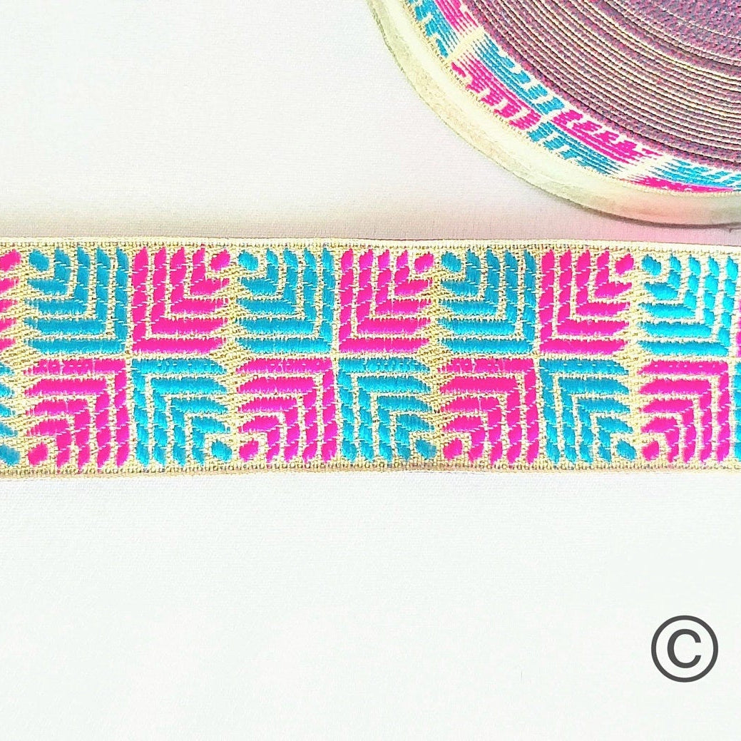 Pink And Blue Jacquard Trim, Approx 34mm Wide, Decorative Trim