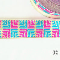 Thumbnail for Pink And Blue Jacquard Trim, Approx 34mm Wide, Decorative Trim