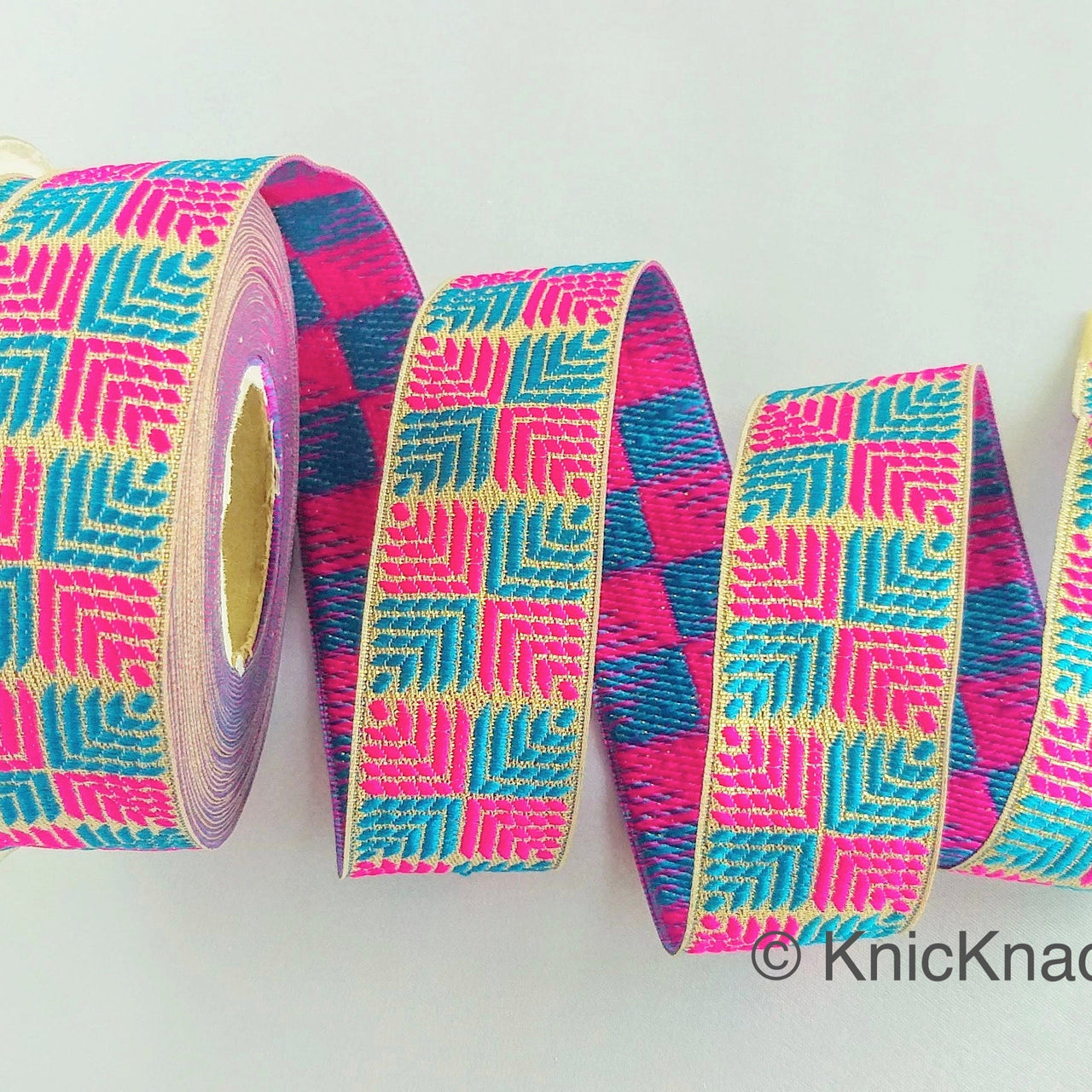 Pink And Blue Jacquard Trim, Approx 34mm Wide, Decorative Trim