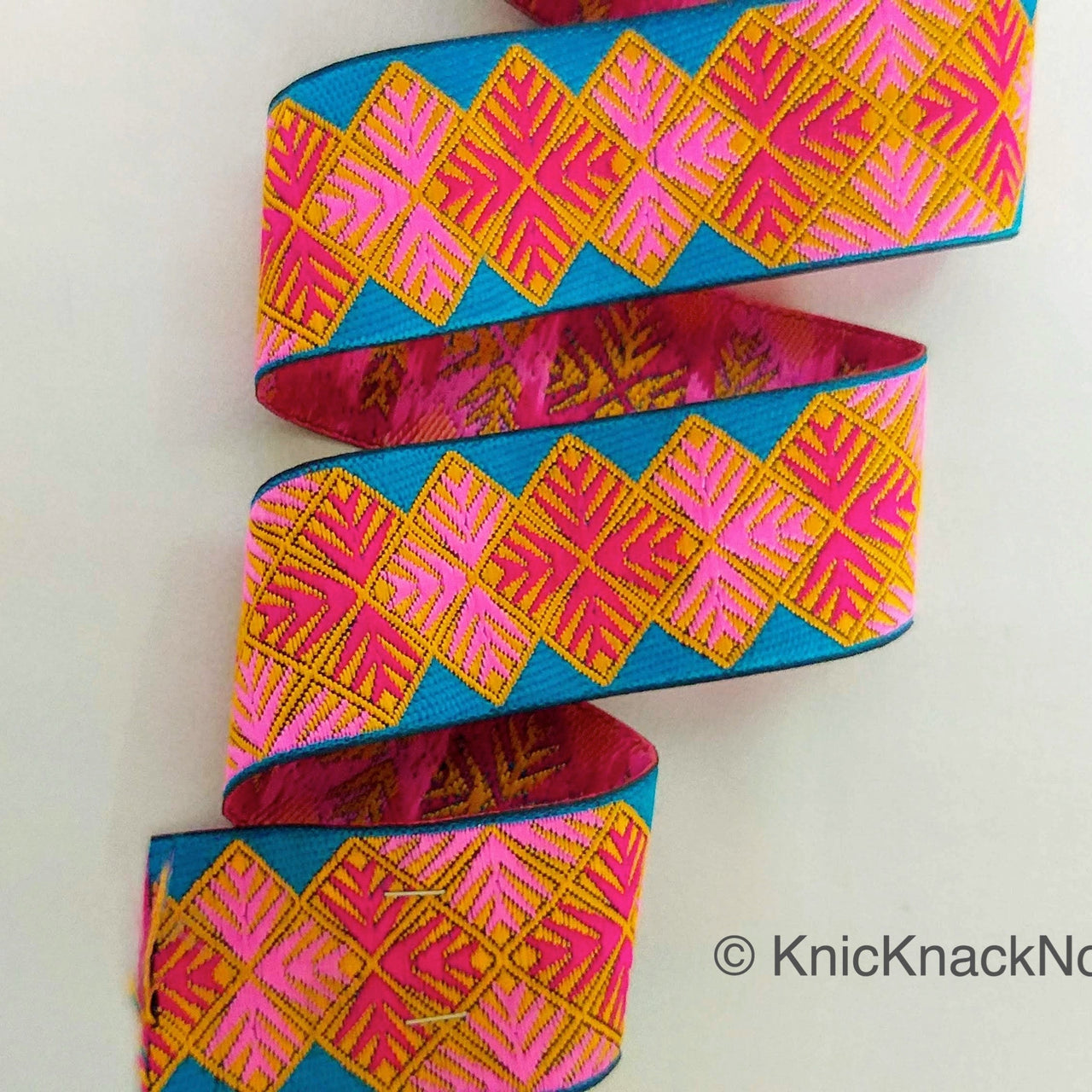 Pink And Blue Jacquard Trim, Approx 40mm Wide, Decorative Trim