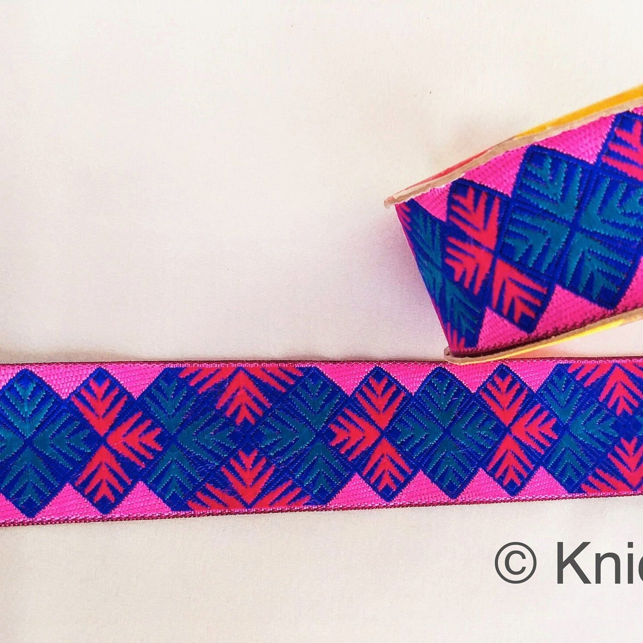 Pink And Blue Jacquard Trim, Approx 40mm Wide, Decorative Trim