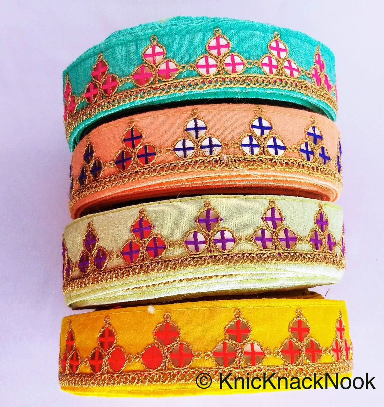 Wholesale Mirrored Trim With Gold Embroidery, Indian Sari border, Decorative Trim