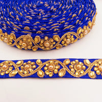 Thumbnail for Royal Blue Silk Fabric Lace Trim Floral Embroidery & Indian Stones Kundan Embellishment, Decorative Sari Trim, Floral Border Trim By Yard