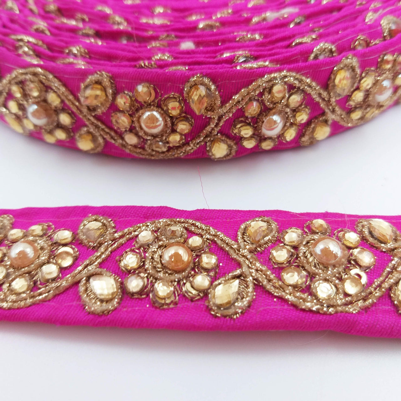 Fuchsia Pink Silk Fabric Lace Trim Floral Embroidery & Indian Stones Kundan Embellishment, Decorative Sari Trim, Floral Border Trim By Yard