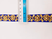 Thumbnail for Royal Blue Silk Fabric Lace Trim Floral Embroidery & Indian Stones Kundan Embellishment, Decorative Sari Trim, Floral Border Trim By Yard