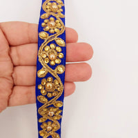 Thumbnail for Royal Blue Silk Fabric Lace Trim Floral Embroidery & Indian Stones Kundan Embellishment, Decorative Sari Trim, Floral Border Trim By Yard