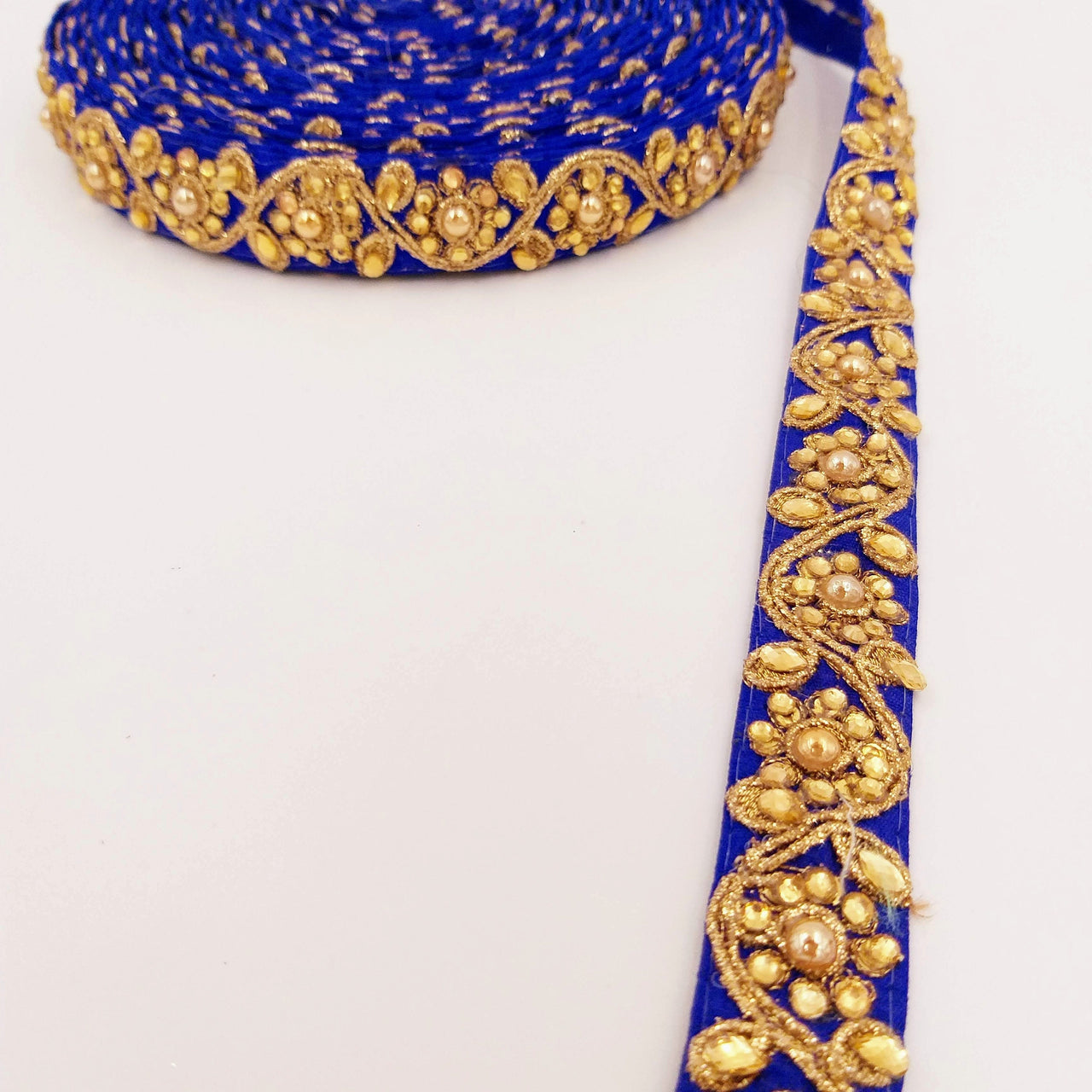 Royal Blue Silk Fabric Lace Trim Floral Embroidery & Indian Stones Kundan Embellishment, Decorative Sari Trim, Floral Border Trim By Yard