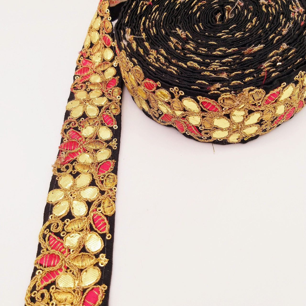 Black Fabric Trim In Pink & Gold Floral Embroidery, Gota Patti Trim, Indian Flower Border