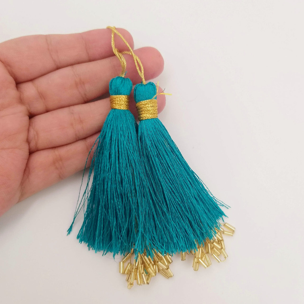 Cyan Blue Tassels With Gold Beads, Beaded Thread Tassel Charms, Silky Tassels