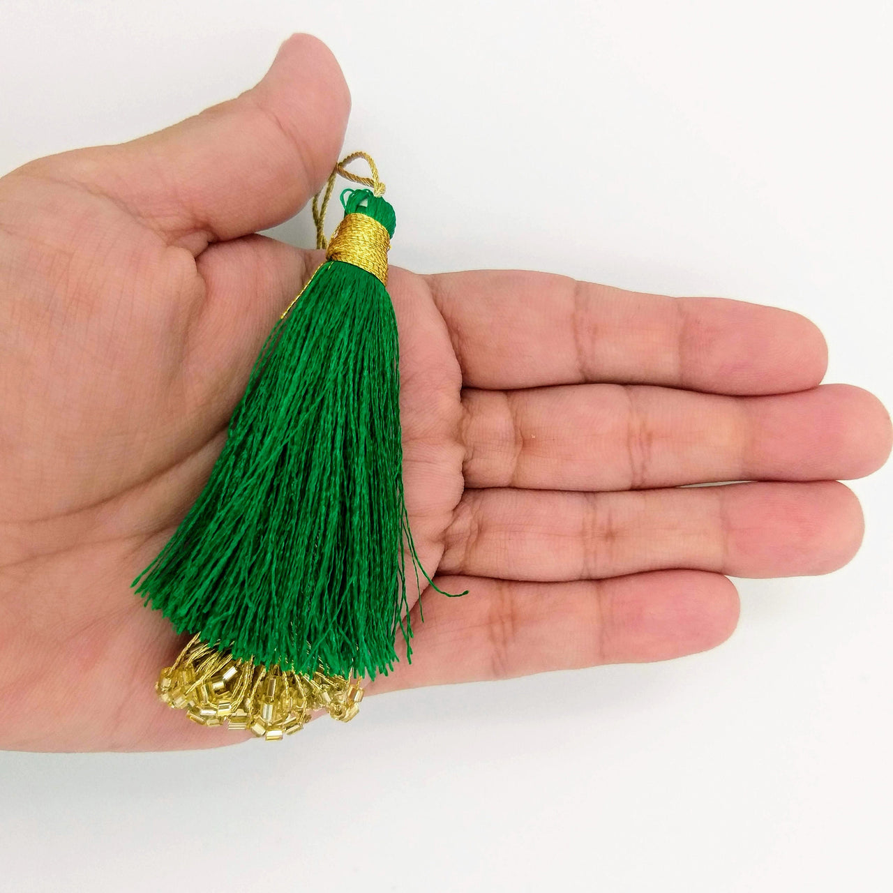 Green Tassels With Gold Beads, Beaded Thread Tassel Charms, Silky Tassels