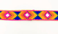 Thumbnail for Beige Cotton Fabric Embroidered Mirrored Trim In Fuchsia Pink, Orange, Yellow