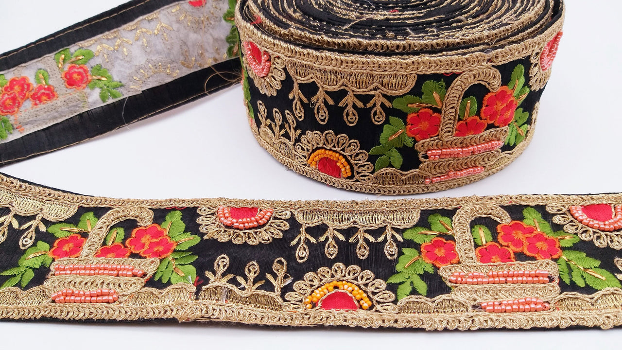 Black Art Silk Fabric Trim With Green, Orange, Red And Gold Floral Embroidery