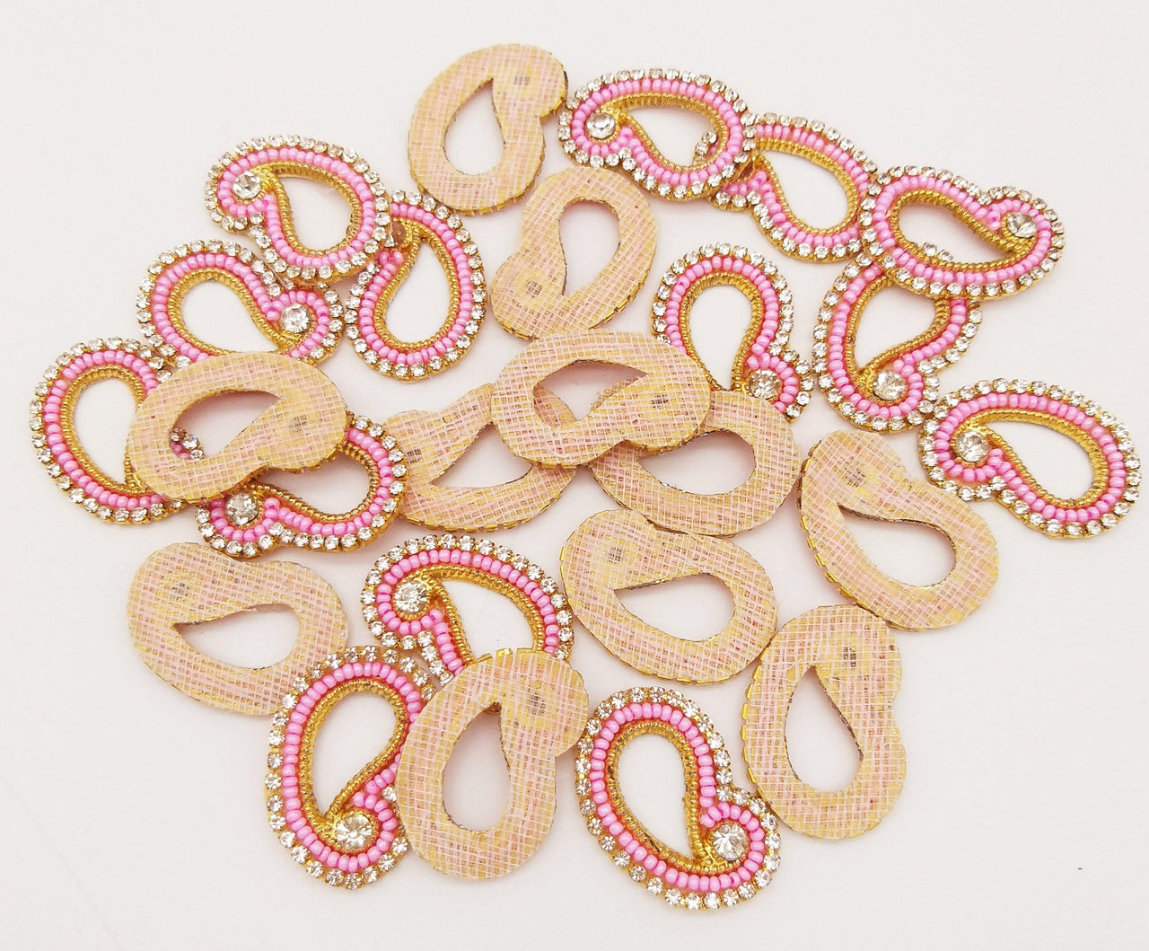 5 Paisley Appliques In Pink Seed Beads and Rhinestones, Gold Paisley Appliques, Beaded Applique